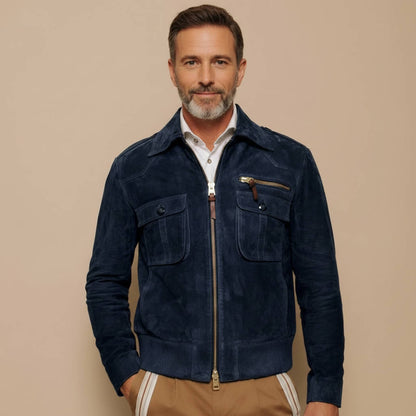 Zentrivo Men's Retro Lapel Zipper Breast Pocket Suede